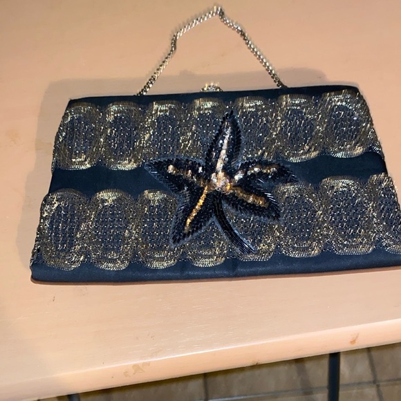 After Five by L & M Handbags - Vintage 50s After Five by L and M Lowy & Mund  Black $ Gold Chain Clutch Bag